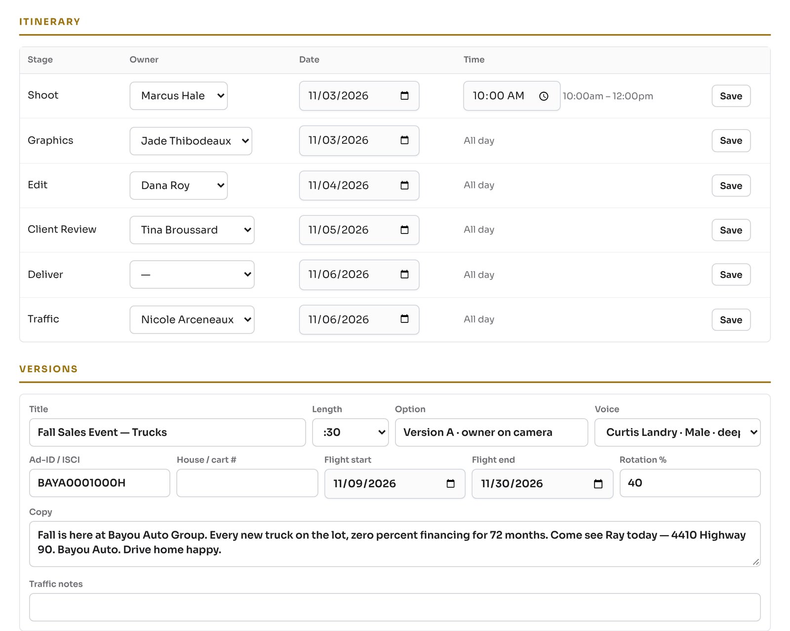Creative services itinerary for a TV station order