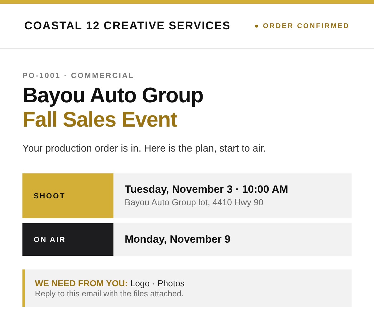 Branded TV station order confirmation email