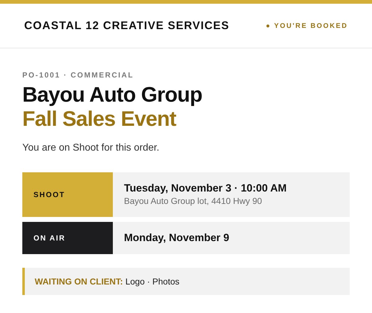 Crew booking email for a TV station order