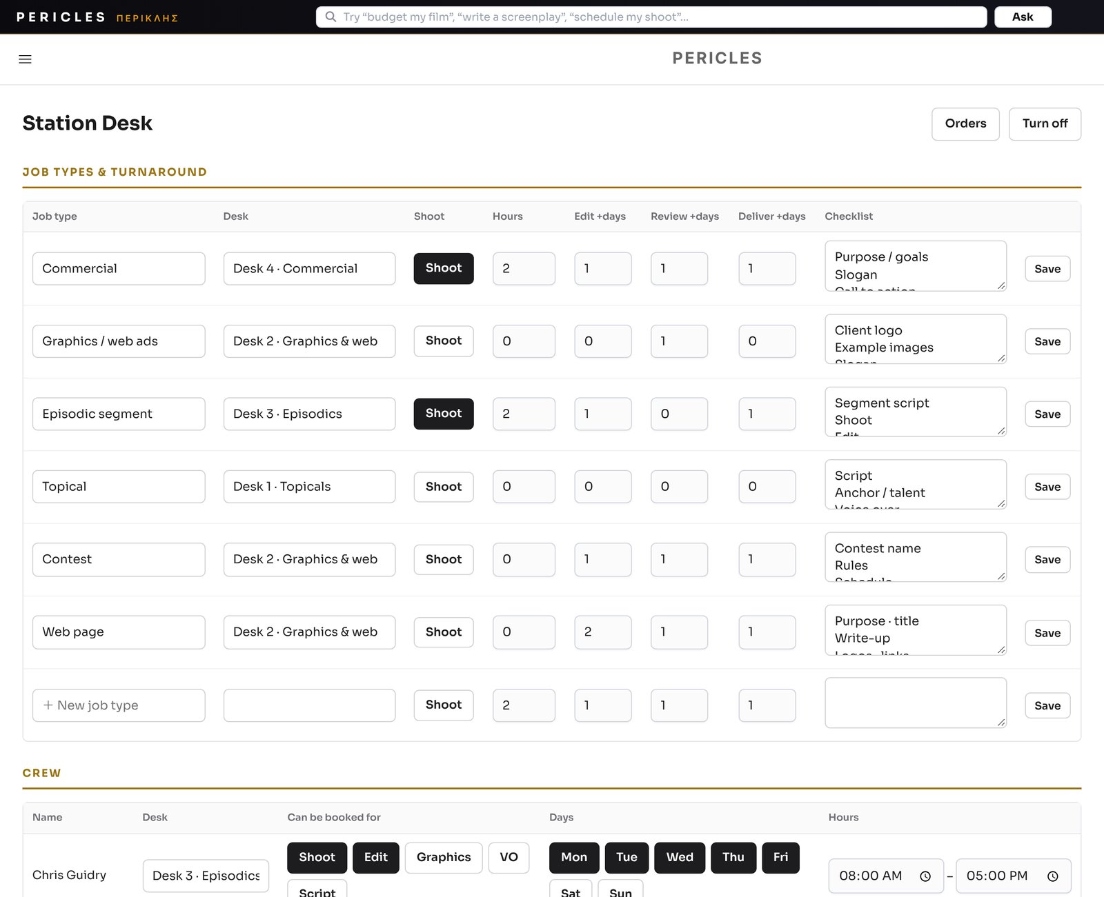 Job types and turnaround settings